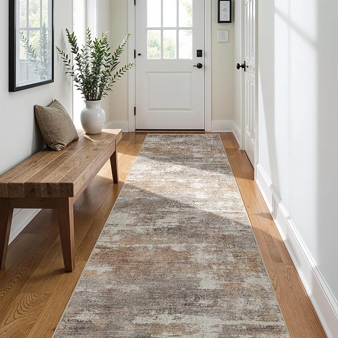 3x10 Washable Kitchen Runner Rug: Modern Abstract Runners for Hallway Soft Non Slip Rugs with Rubber Backing Low Pile Thin Floor Carpet for Entryway Bedroom Bathroom Bedside Indoor(Brown/Brick,3x10)