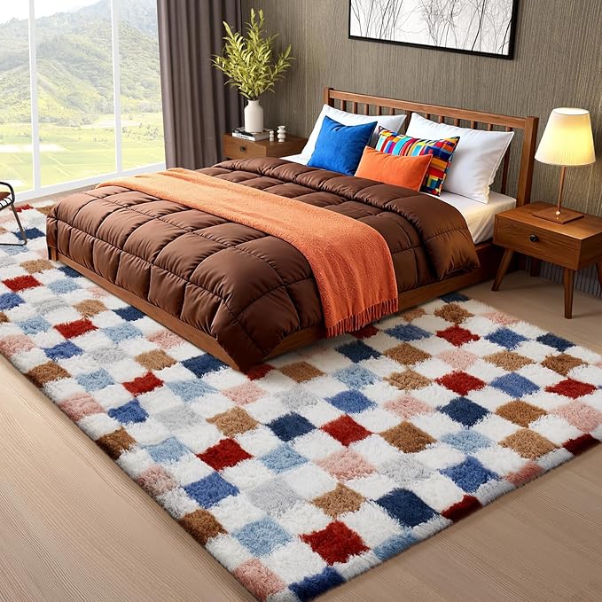 Ophanie Checkered Rainbow Rug for Living Room Bedroom, Colorful Fluffy Soft Cute Fuzzy Area Rugs, Shag Plush Shaggy Bedside Floor 8x10 Furry Carpet for Kids Teen Dorm Nursery Home Decor Aesthetic