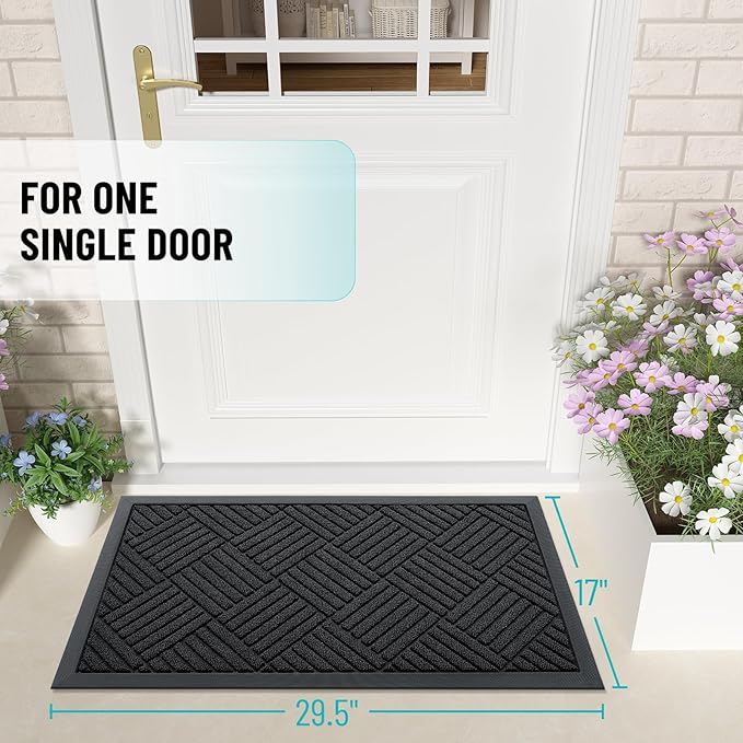 OLANLY Front Door Mat Outside Entrance 29.5x17, Absorbent, Heavy Duty Sturdy Natural Rubber Doormat Indoor Outdoor, Stain and Fade Resistant, Non-Slip Low Profile Floor Mat for Entryway, Black Diamond