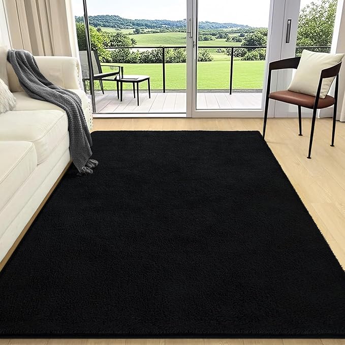 AROGAN Modern Shag Area Rug for Bedroom, 4x6 Feet Washable for Living Room, Indoor Floor Carpet, Plush Memory Foam Bedside for Kids Girls Teens Room, Low Pile Decor, Black