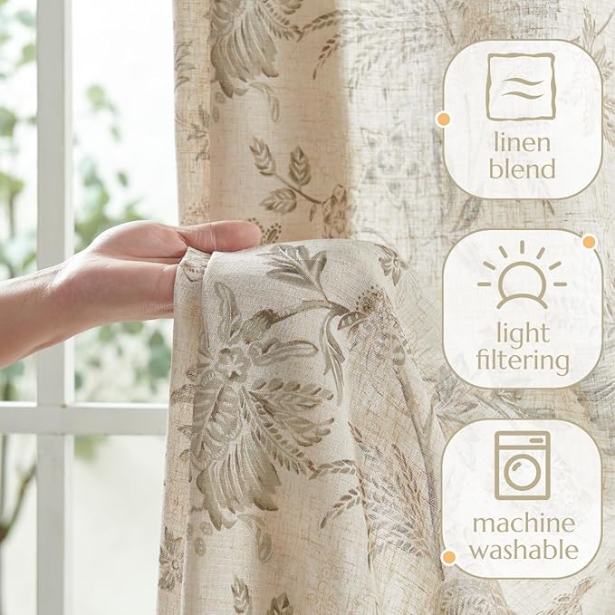 jinchan Linen Floral Curtains for Living Room with Printed Flower 96 Inches Long Light Filtering French Country Back Tab Rod Pocket Taupe Window Curtain Set Farmhouse Drapes 2 Panels Taupe