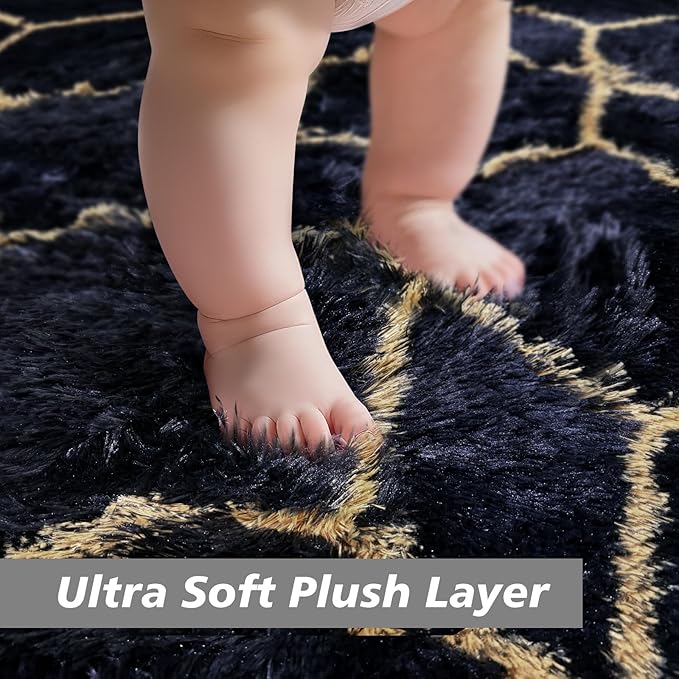 Shag Area Rug for Bedroom 5x8,Fluffy Area Rugs for Living Room,Geometric Soft Fuzzy Rug Non-Shedding Indoor Plush Carpet for Kids Bedroom Nursery Dorm Home Christmas,Black and Gold