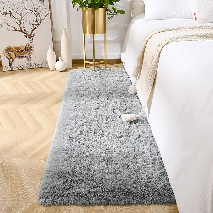 Amearea Shag Fluffy Runner Rug for Bedroom Girls Living Room, 2x6 Feet Extra Soft and Fuzzy Shaggy Rugs, Non Slip, Indoor Floor Long Carpet Mat for Boys Nursery Home Decor, Grey