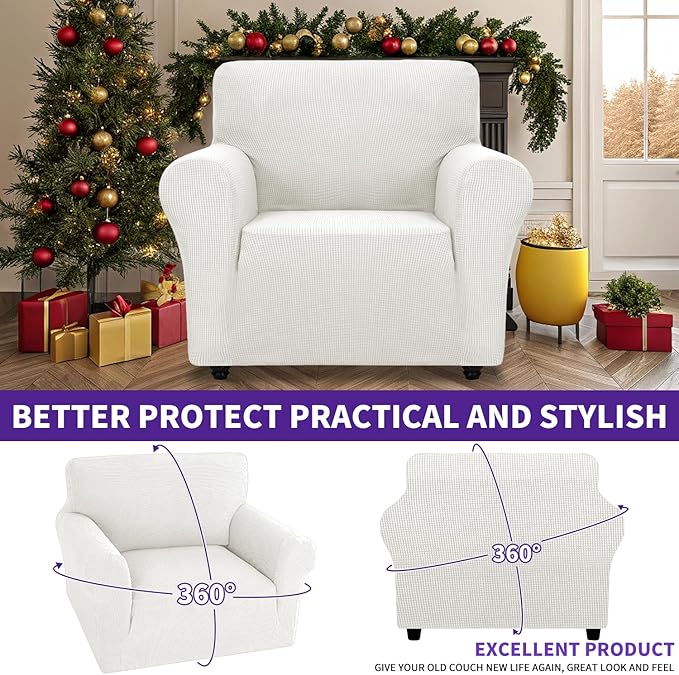 ZNSAYOTX Super Stretch Chair Slipcover Universal Sofa Chair Covers for Living Room Dogs Pet Furniture Protector Spandex Armchair Slipcovers with Anti Slip Foam Sticks (White, Chair)