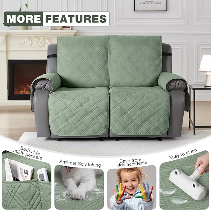 TAOCOCO 100% Waterproof Loveseat Recliner Covers 2 Seater, Split Loveseat Covers for Reclining loveseat, Non Slip Reclining Couch Cover with Double Straps for Kids, Pets(2 Seater, Sage Green)