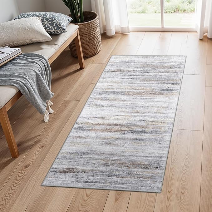 2x4 Washable Entryway Runner Rugs: Easy-to-Clean Runners for Hallway Bedroom - Stain and Water Resistant Rug with Non-Slip Backing - Soft Low-Pile Door Mat Kitchen Carpet Beige Grey