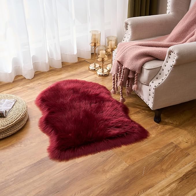 EasyJoy Ultra Soft Fluffy Shaggy Area Rug Faux Fur Rug Chair Cover Seat Pad Fuzzy Area Rug for Bedroom Floor Sofa Living Room (2 x 3 ft Sheepskin, Burgundy)