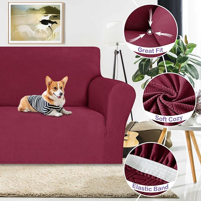 ZNSAYOTX Super Stretch Chair Slipcover (30"-47"), New Striped Sofa Chair Covers for Living Room, Dogs Pet Friendly Anti-Slip Chair Protector Spandex Armchair Slipcovers (Wine Red, Chair)