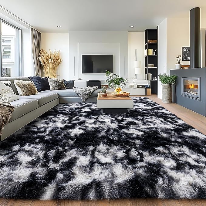 Pionblank 8x10 Rug for Living Room, Fuzzy Plush Large Area Rug, Fluffy Modern Shag Non Slip Soft Furry Carpet for Bedroom Kids Room Nursery Teens Dorm Home Decor, Black White