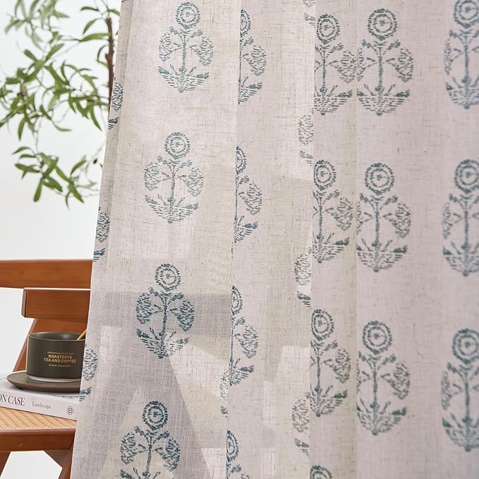 jinchan Linen Floral Curtains for Living Room 84 Inch Length Blue Flower Cottage Core Farmhouse Curtains Rod Pocket Back Tab Boho Semi Sheer Window Drapes Bedroom Set 2 Panels Blue on Beige