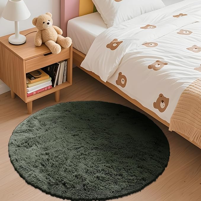 OLANLY Olive Green Round Rugs for Bedroom - Machine Washable, 3 ft Circle Area Rugs for Living Room, Soft and Fluffy Shaggy Carpet for Teen Girl and Boys, Nursery Rooms, Dorms, Home Decor Aesthetic