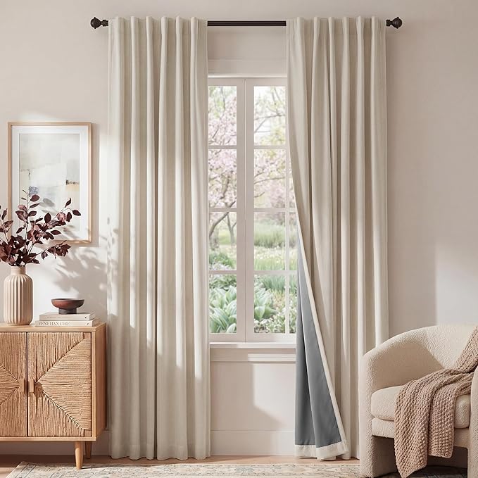 RYB HOME Warm Sand 100% Blackout Curtains for Bedroom, Linen Drapes Back Tab&Rod Pocket, Thermal Insulated Privacy Assurd Curtains for Sliding Glass Doors/Dining/Living Room, W52 x L108, 2 Panels