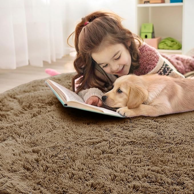 OLANLY Taupe Round Rugs for Bedroom - Machine Washable, 9 ft Circle Area Rugs for Living Room, Soft and Fluffy Shaggy Carpet for Teen Girl and Boys, Nursery Rooms, Dorms, Home Decor Aesthetic