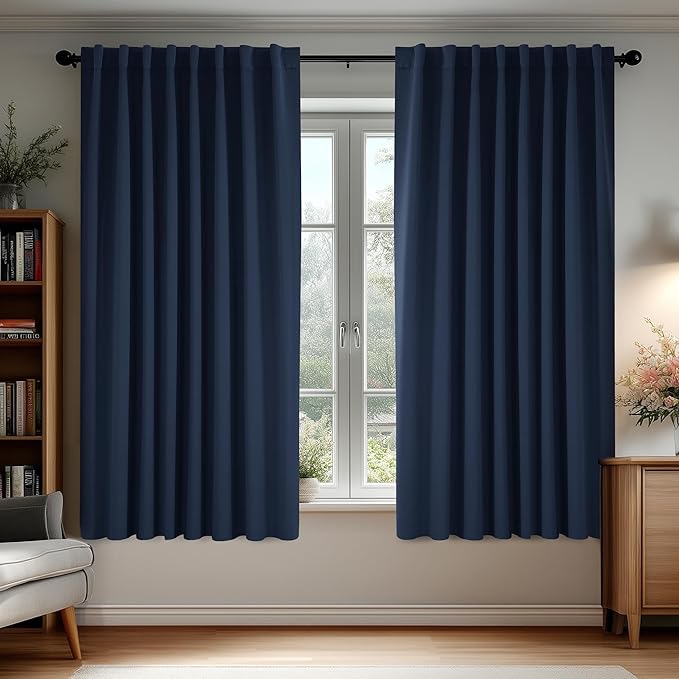 Deconovo Blackout Curtains, Thermal Insulated, W70 x L63 2 Panels, Back Tab, Machine Washable, Room-Darkening Drapes for Bedroom/Living Room Navy Blue