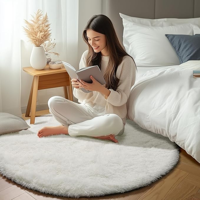 ONASAR Cream White Round Rugs 8ft for Living Room, Ivory Fluffy Bedroom Circle Area Rug, Soft Plush Shaggy Carpet for Kids Girls Boys Teen Nursery Dorm Classroom Playroom Home Decor Aesthetic