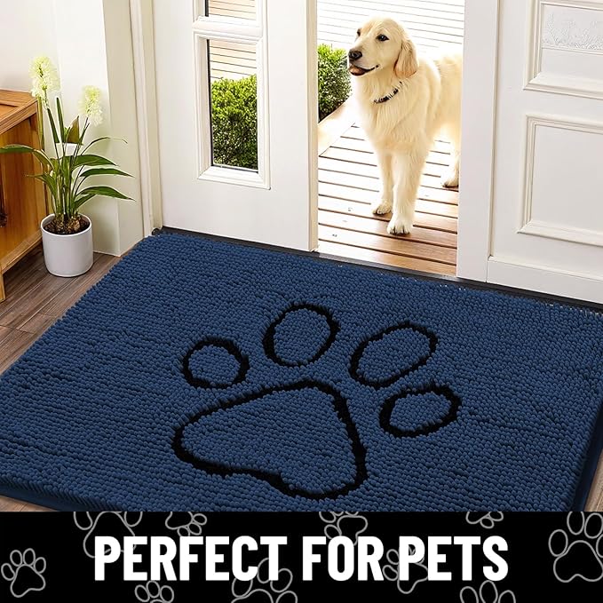 Smiry Dog Door Mat for Muddy Paws, Absorbent Dirt Trapper Non Slip Quick Dry Washable Chenille Mat for Mud Dogs, Entry Rug for Indoor and Outdoor (30x20 Inches, Dark Blue and Black)