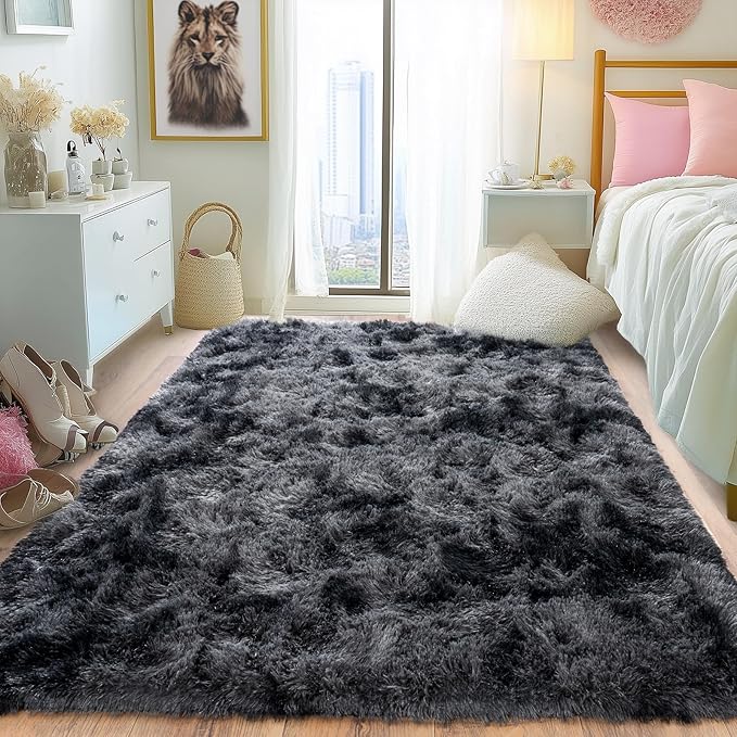 Pionblank Fluffy Area Rug for Bedroom 4x6 Feet, Indoor Plush Carpet, Shag Soft Bedside Rug, Cute Comfy Furry Rug for Living Room Dorm Girls Boys Room Nursery Decor, Dark Grey
