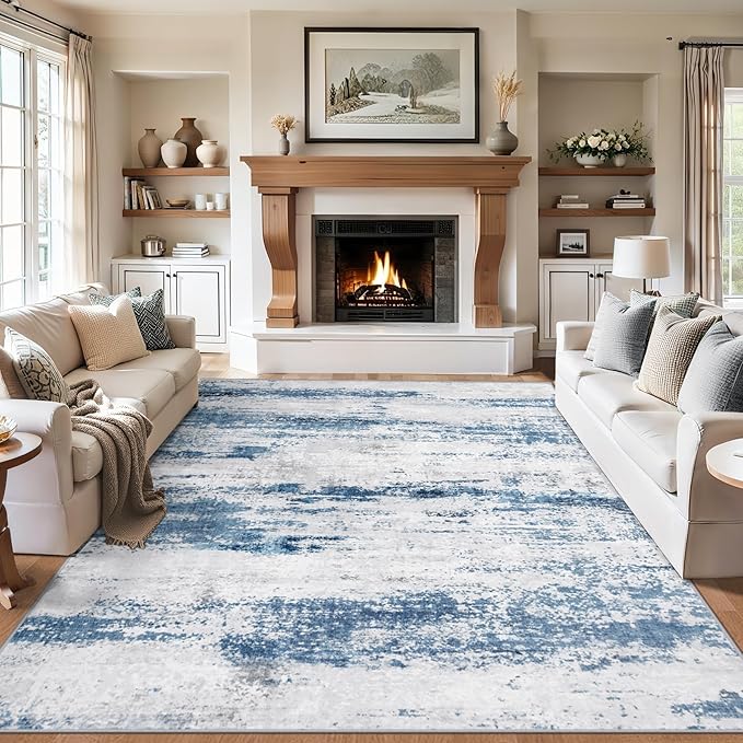 Area Rugs Living Room Rug - 4x6 Washable Modern Abstract Soft Neutral Non-Slip Carpet Large Indoor Floor Thin Carpets for Bedroom Dining Room Farmhouse Nursery Home Office White Blue Grey