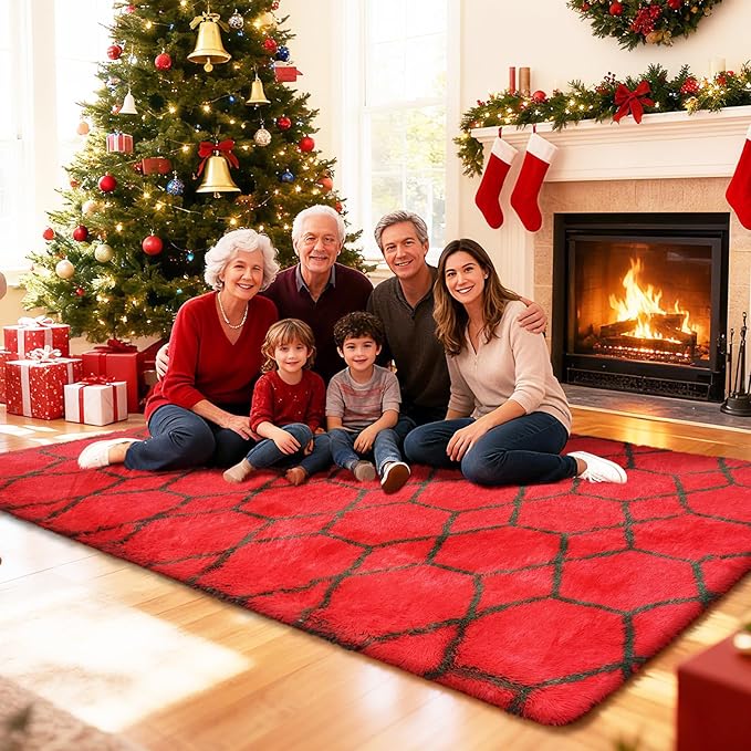 Shag Area Rug for Bedroom 4x6,Fluffy Area Rugs for Living Room,Geometric Soft Fuzzy Rug Non-Shedding Indoor Plush Carpet for Kids Bedroom Nursery Dorm Home Christmas,Red and Green