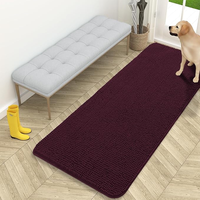 OLANLY Dog Door Mat for Muddy Paws 59x24, Absorbs Moisture and Dirt, Absorbent Non-Slip Washable Doormat, Quick Dry Chenille Mud Mat for Dogs, Entry Indoor Entryway Carpet for Inside Floor, Russet