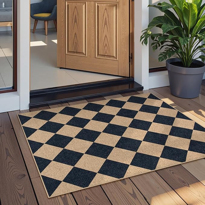 Lahome Colette Checkered Easy Jute Kitchen Rug, 2x3 Front Door Mat Non Slip Washable Neutral Area Rug, Farmhouse Diamond Non Shedding Low Pile Floor Carpet for Entryway Porch Doorway