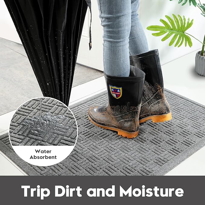 Mibao Front Door Mat Indoor Outdoor Entrance, Dirt Trapping Waterproof All-Season, All-Weather Doormat, Non-Slip Durable Natural Rubber Low Profile Easy Clean Patio Entrance Mat, 61.5" x 36", Grey