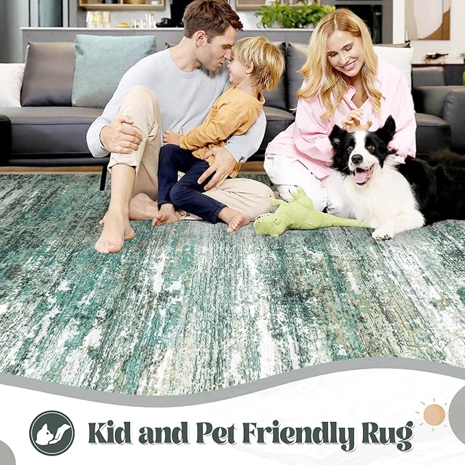 XLUEZ 6x9 Area Rugs for Living Room, Washable Modern Abstract Large Area Rug Neutral Soft Non Slip Kids Rug Stain Resistant Indoor Carpet for Bedroom Nursery Dining Room Playroom(Green, 6'x9')