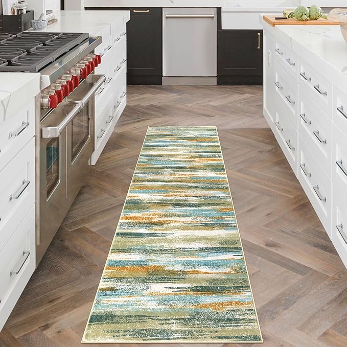 Lansny Modern Abstract Runner Rug 2x6, Green Mustard Multi Washable Kitchen Runner Non-Slip Soft Hallway Rug Runner Thin Print Faux Wool Carpet for Entryway Bedroom Laundry Room Indoor Home Decor