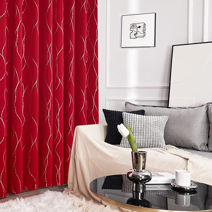 Deconovo Blackout Curtains, Christmas Red Curtain, Thermal Insulated Noise‑Reducing Drapes, Wave Line Dot Foil Print, 38 x 90 Inch, 2 Panels, Machine‑Washable Window Curtain for Party Home Decor