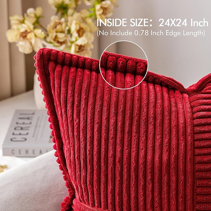 MIULEE Decorative Euro Sham Throw Pillow Covers for Couch Bed Livingroom 24x24 Inch Set of 2 Red Boho Accent Throw Pllows Broadside Striped Patchwork Soft Corduroy Pillowcases