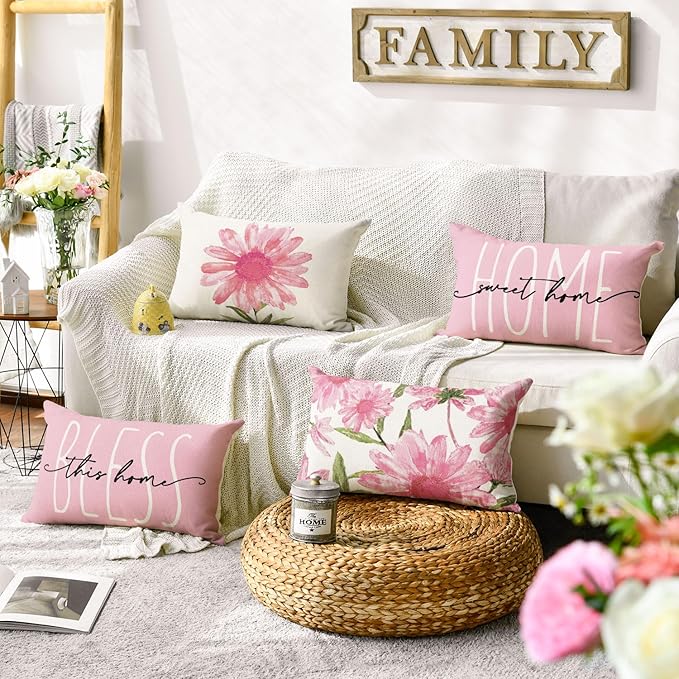 AVOIN colorlife Home Sweet Home Spring Summer Flowers Pink Throw Pillow Covers, 12 x 20 Inch Cushion Case for Sofa Couch Set of 4