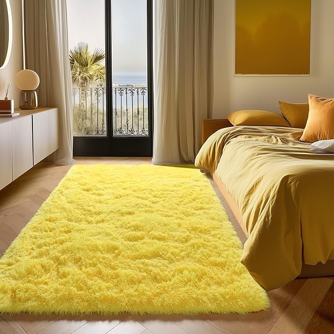 ONASAR Yellow Area Rugs for Bedroom Living Room, Fluffy 4x6 Indoor Bedside Floor Throw Rug, Soft Plush Shaggy Carpet for Nursery Kids Girls Boys Teen Dorm Home Office Decor Aesthetic