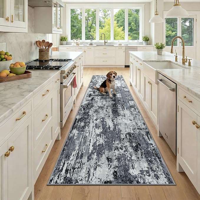 Washable Area Rugs 3x9 Non-Slip Modern Abstract Soft for Living Room Entryway Bedroom Nursery, Print Pattern, Black Navy Blue Gray