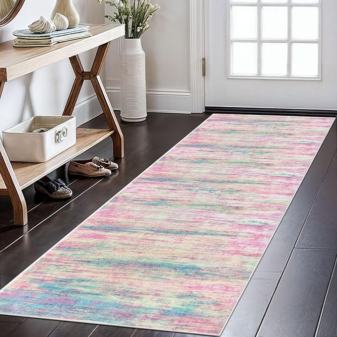 KOZYFLY Modern Abstract Runner Rug 2x6 Multi Pink Runners for Hallways Kitchen Rug Non Slip Washable Carpet Rug Runner Laundry Mat with Soft Low Pile for Entryway Bathroom Bedroom Kitchen