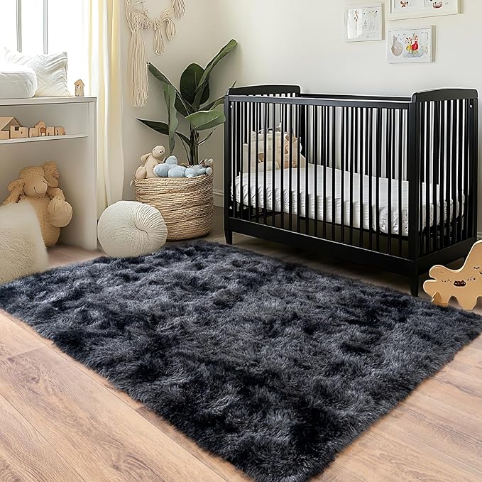Pionblank Fluffy Area Rug for Bedroom 4x6 Feet, Indoor Plush Carpet, Shag Soft Bedside Rug, Cute Comfy Furry Rug for Living Room Dorm Girls Boys Room Nursery Decor, Dark Grey