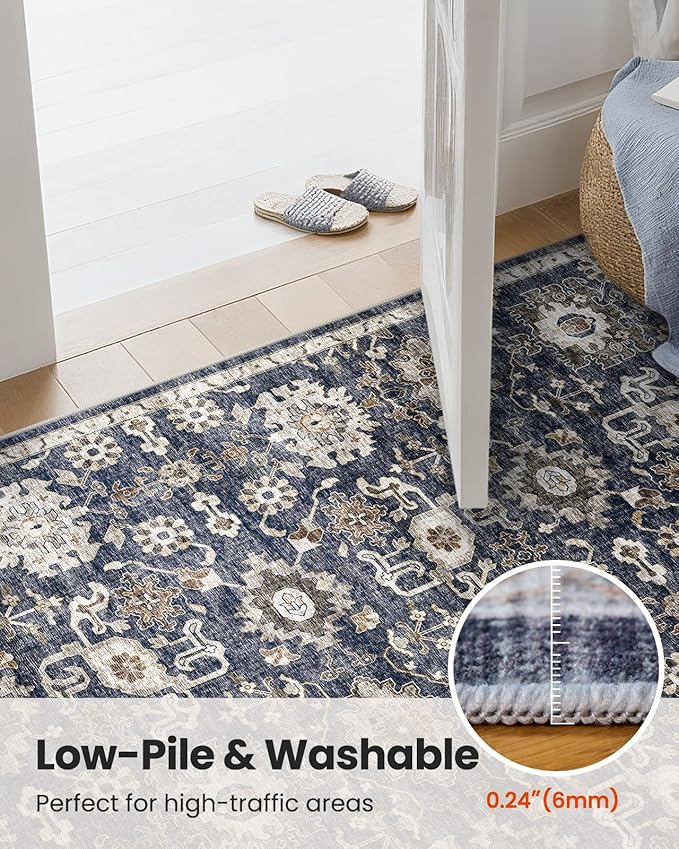 AMADA HOMEFURNISHING 2x5 Washable Runner Rug, Low-Profile Kitchen Rugs with Non-Slip Backing & Durable Edge Binding, Vintage Entryway Runner Rug for Bedroom & Hallway