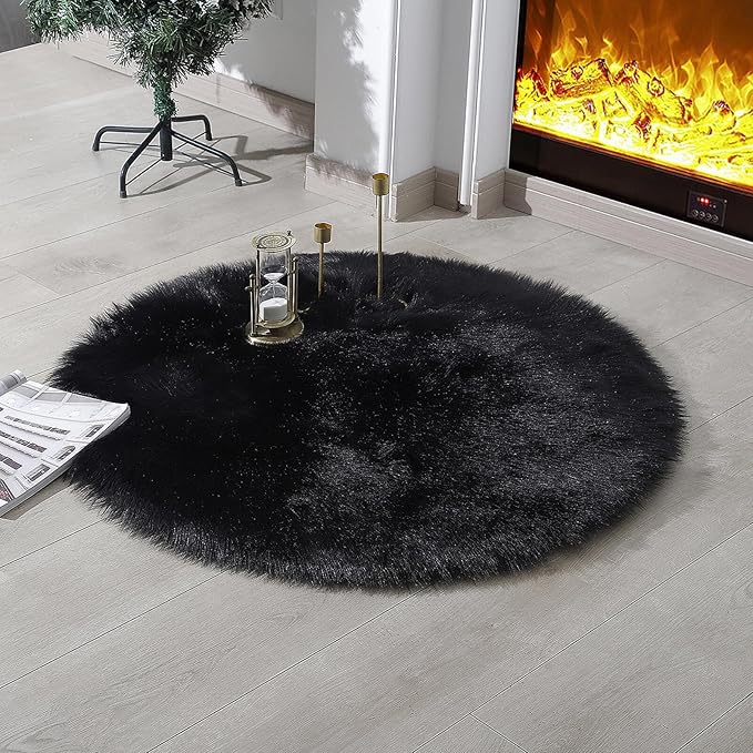 linmopm Faux Fur Rug Sheepskin Shag Fluffy Fuzzy Black 3x3 ft Rugs for Bedroom Bedside Bed Floor Living Room Plush Round High-Density Cushion Carpet Super Sofa Cover