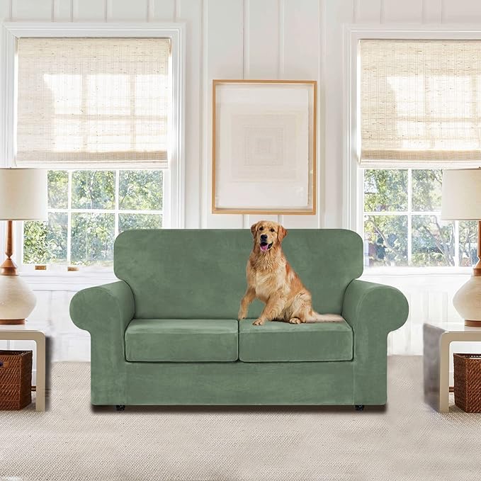 WEERRW Velvet Couch Covers for 2 Cushion Couch Sofa - High Stretch Velvet Plush 3 Pieces Sofa Slipcovers with Elastic Bottom, Furniture Protector for Pets, Machine Washable, Greyish Green, Medium