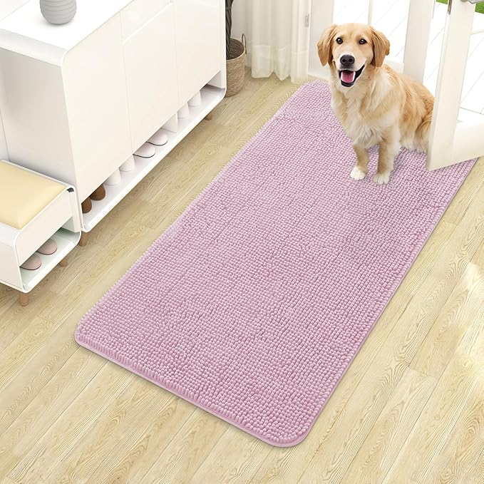 OLANLY Dog Door Mat for Muddy Paws 40x24, Absorbs Moisture and Dirt, Absorbent Non-Slip Washable Doormat, Quick Dry Chenille Mud Mat for Dogs, Entry Indoor Entryway Carpet for Inside Floor, Dusty Rose
