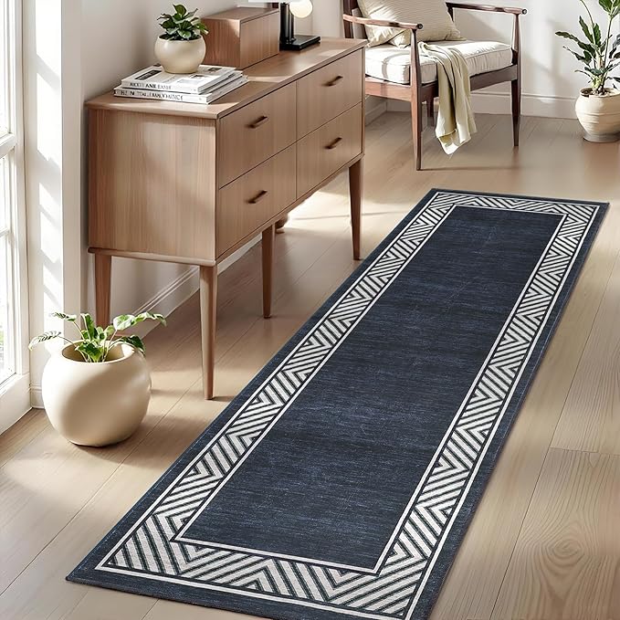 GarveeHome Washable Hallway Rug 2x6 Narrow Modern Bordered Floor Runner, Non-Shedding Contemporary Bedside Rug, Foldable Ultra-Thin Carpet Runner for Bedroom, Kitchen, Laundry Room, Navy Blue