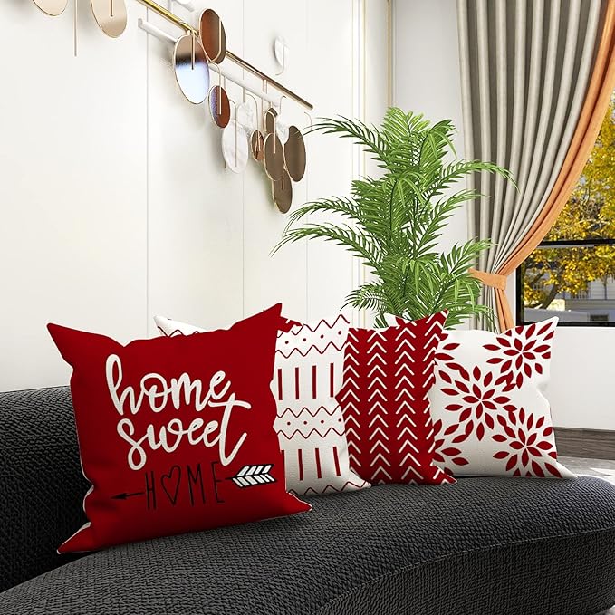 YCOLL Christmas Pillow Covers 18x18 Set of 4, Modern Sofa Throw Pillow Cover for Christmas Decor, Decorative Outdoor Linen Fabric Pillow Case for Couch Bed Car, Red