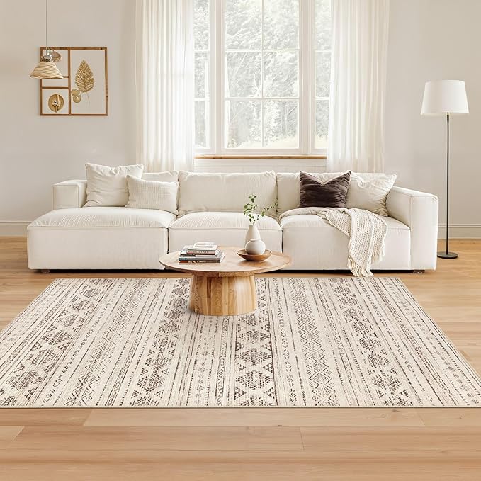 Nakagishi Area Rug Living Room Rugs: 4x6 Soft Machine Washable Boho Neutral Farmhouse Stain Resistant Moroccan Indoor Floor Carpet for Bedroom Nursery Kids Entryway Kitchen Bedside Home- Dark Brown