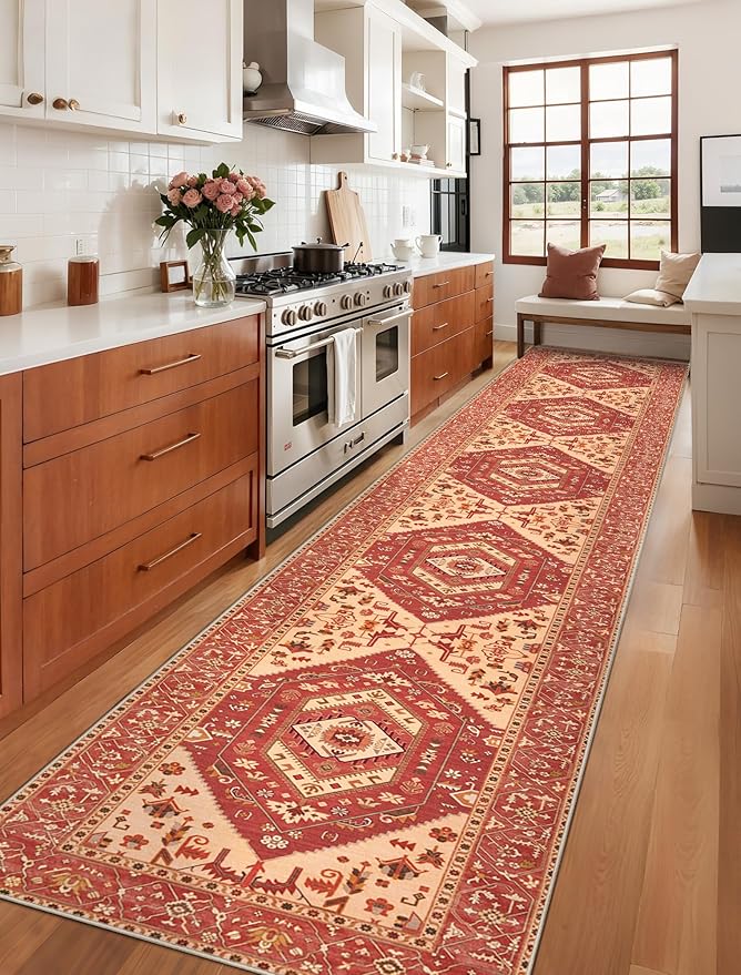 SERISSA Runner Rug for Hallways, 2'6"x14' Washable Non Slip Kitchen Runner Rug, Extra Long Boho Rug Ultra Soft Vintage Red Print Floor Carpet for Bedroom Hallway Entryway Bathroom Laundry Room