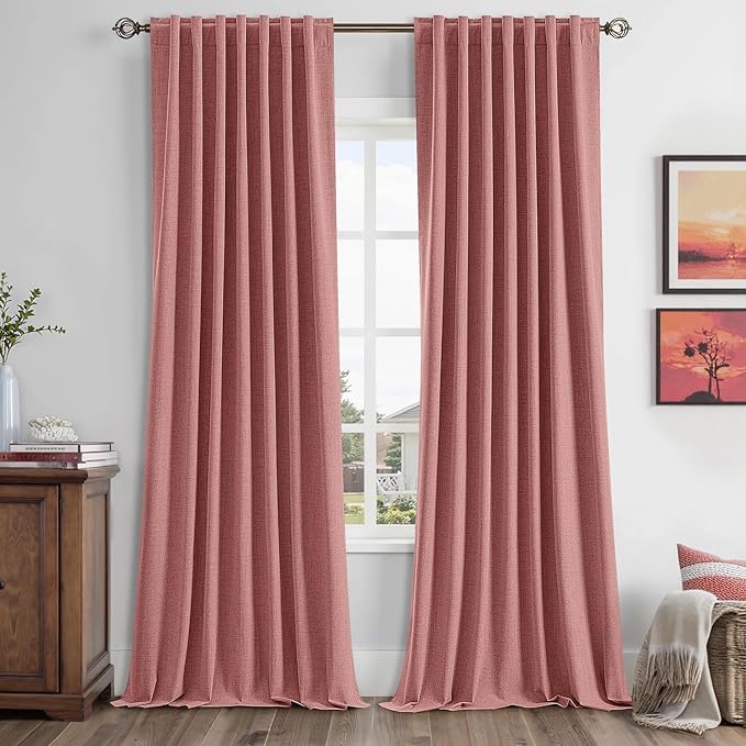 MIULEE 100% Blackout Linen Curtains for Bedroom, Dusty Rose Solid Luxury Decor Thermal Insulation Room Darkening Drapes for Living Room Nursery Back Tab Rod Pocket 42 x 96 Inches, 2 Panels