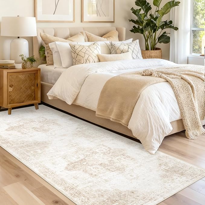 Runner Rug 2x6 Washable Rug, Vintage Boho Medallion Hallway Runner Non-Slip Soft Low Pile Distressed Floor Carpet Retro Doormat for Kitchen Bedroom Laundry Entryway Bathroom (Beige, 2'x6')