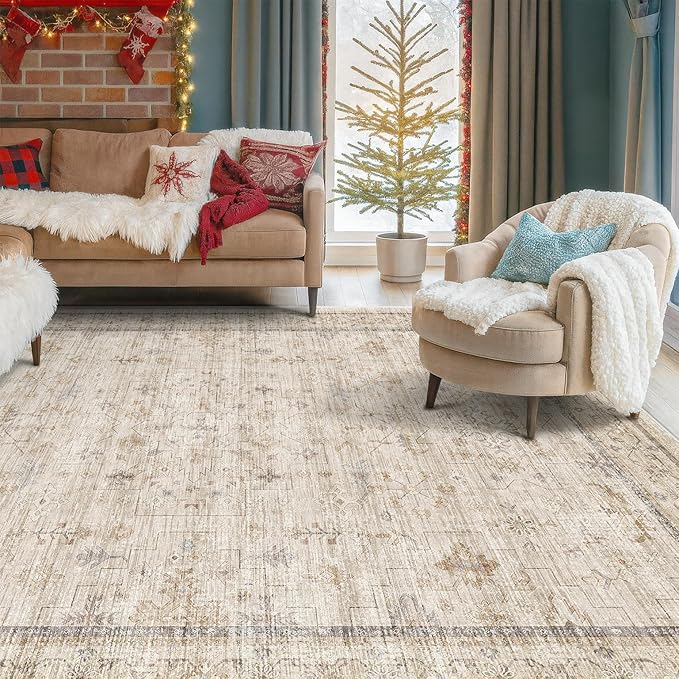 Washable Ivory 6x9 Living Room Rug, Non Slip Dinning Rugs for Under Table, Low Pile Neutral Farmhouse Retro Foldable Carpet for Bedroom, Office