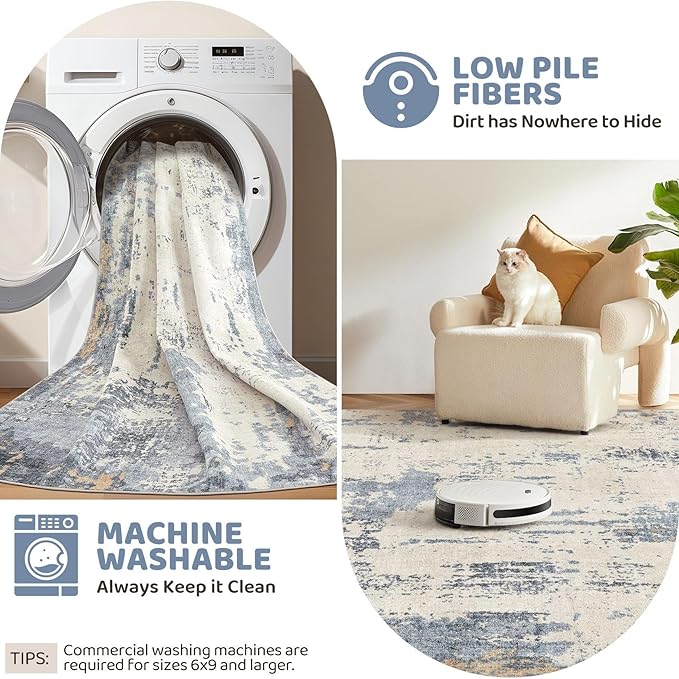 UERMEI 8x10 Area Rug Living Room Rugs - Washable Neutral Modern Abstract Soft Thin Rug Indoor Floor No Slip Rug Carpet for Bedroom Under Dining Table Home Office Decor - Blue/Light Brown