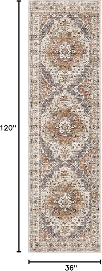 Madane Hallway Rug 3x10, Kitchen Rugs Washable Entryway Rug Vintage Kitchen Runners Non Slip Indoor Area Rug Farmhouse Carpet Runner for Bathroom Living Room Bedroom, Turmeric/Grey
