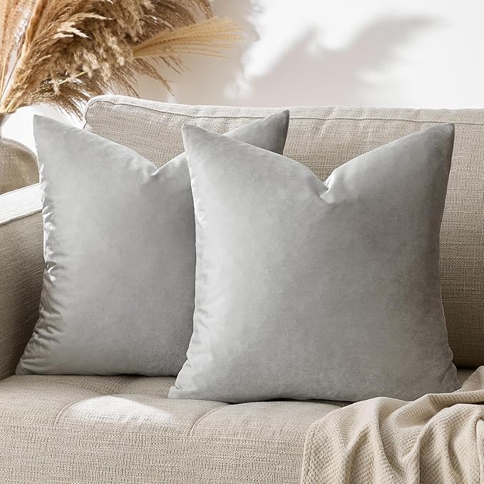 GIGIZAZA Big Velvet 24x24 Pillow Covers Silver Grey Pack of 2 Square Modern Throw Pillows Luxury Covers Decorative Pillows for Living Room Couch Sofa Pillow Cases