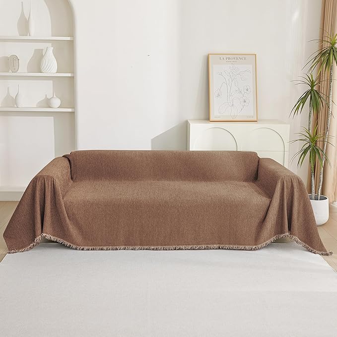 MYSKY HOME Couch Covers for 2 Cushion Couch Sectional Sofa, L Shape Sofa Protector Camel Chenille Couch Cover, Sofa Covers Washable Blanket with Tassel Pet Couch Cushion Cover, 71"X102"